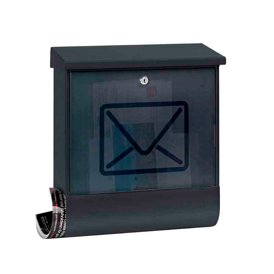 PROREGAL Wandbriefkasten Lucenta aus Metall mit transparentem Tür & Zeitungsfach | 18,6 Liter, HxBxT 42,5x38x11,5cm | Anthrazit