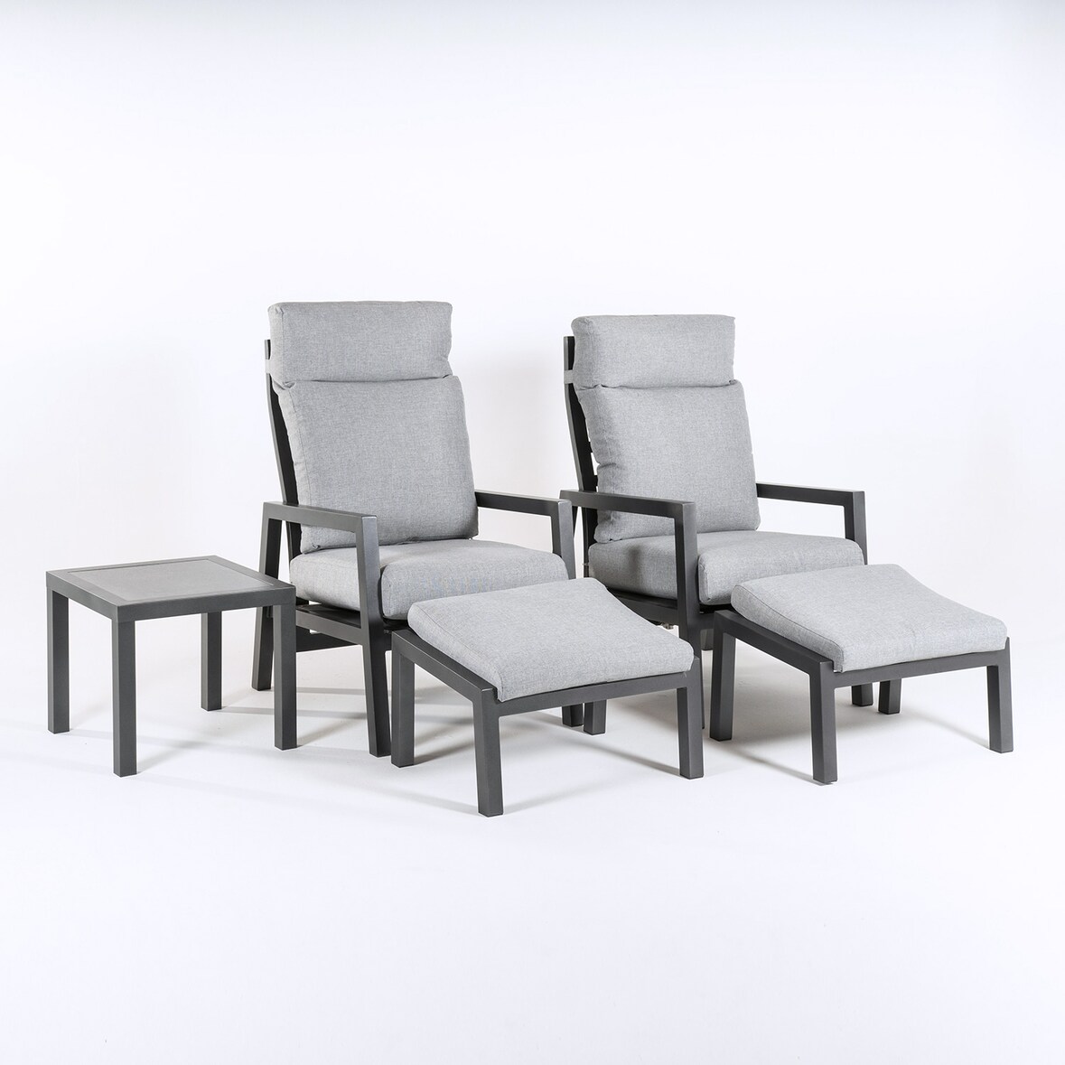 Conjunto de jardín relax, 2 sillones reclinables + 2 reposapiés + mesita auxiliar, Aluminio reforzado color antracita, Cojines color gris