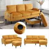 thumbnail of 4-Sitzer Sofa aus Chenille mit Hocker und Stauraum – Elegantes Design in Gelb, Getränkehalter und Seitentaschen, Komfort bis 300 kg