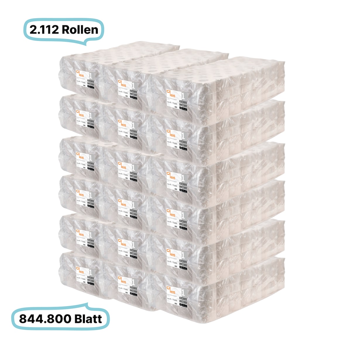 Toilettenpapierrollen, 2-lagig, 2112 Rollen, 844.800 Blatt gesamt, 400 Blatt /Rolle, Recyclingpapier, CIL- les Tissue, Series R