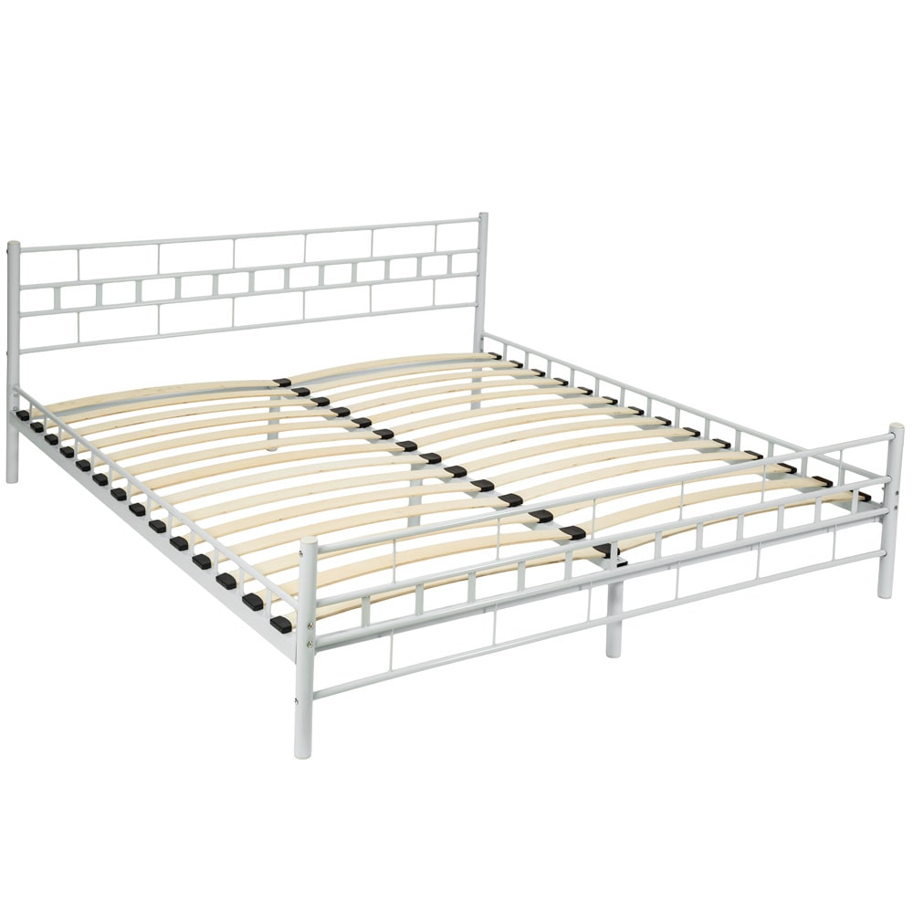 tectake  Cama de casal com cabeceira e pé em aço e estrado de ripas de madeira 200 x 180 cm Branco