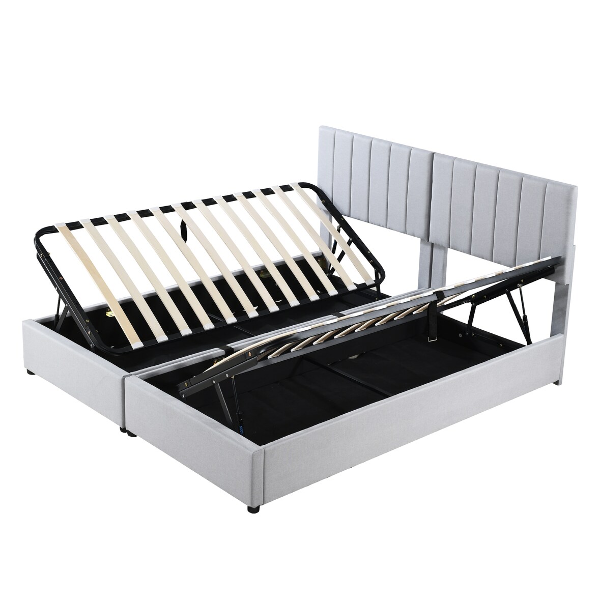 Polsterbett 180x200 cm Grau mit Leinenstoff, hydraulischem Stauraum, verstellbarem Kopfteil, Lattenrost, multifunktionales stabiles Holzgestell