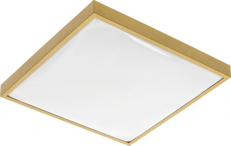 Ein quadratischer Deckenleuchter mit goldenem Rahmen.