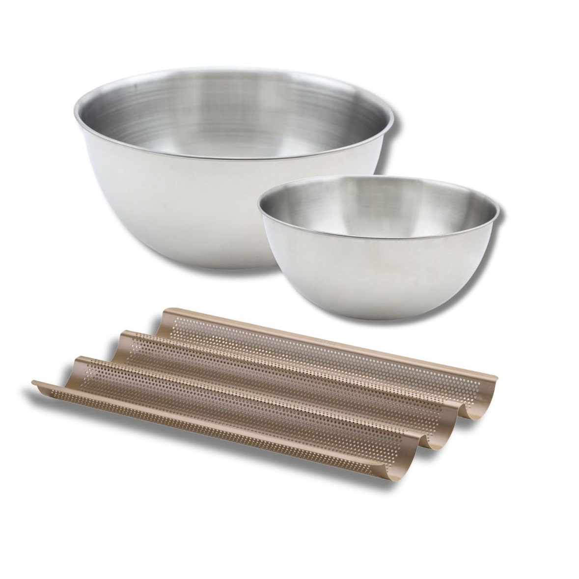 Lot comprenant 1 moule baguette 3 empreintes, 1 spatule Zenker et 2 bols à mixer en inox Fackelmann