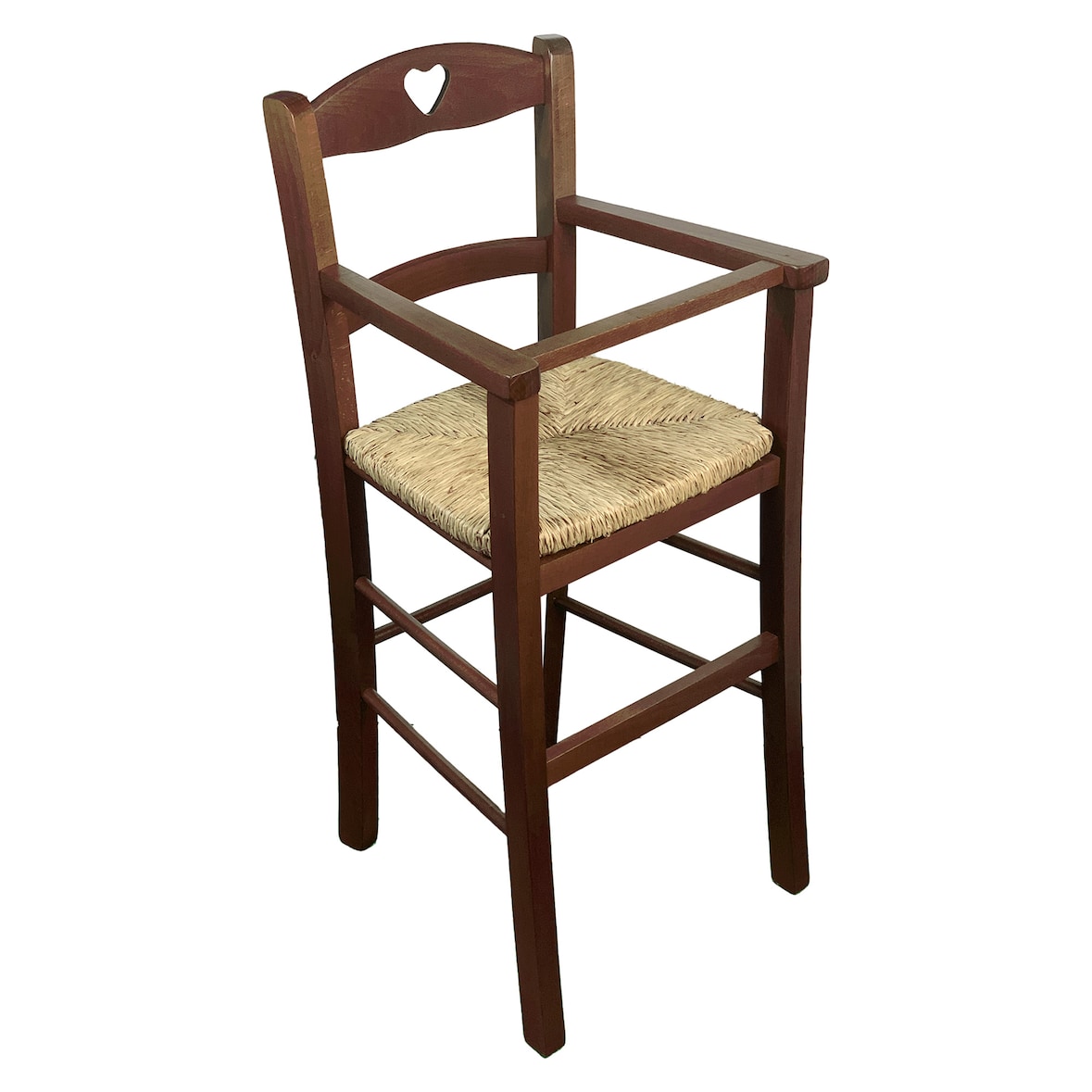 Trona de madera de nogal para bebé. Dimensiones: 88 cm de alto x 37 cm de ancho. Incluye un cómodo asiento de paja.