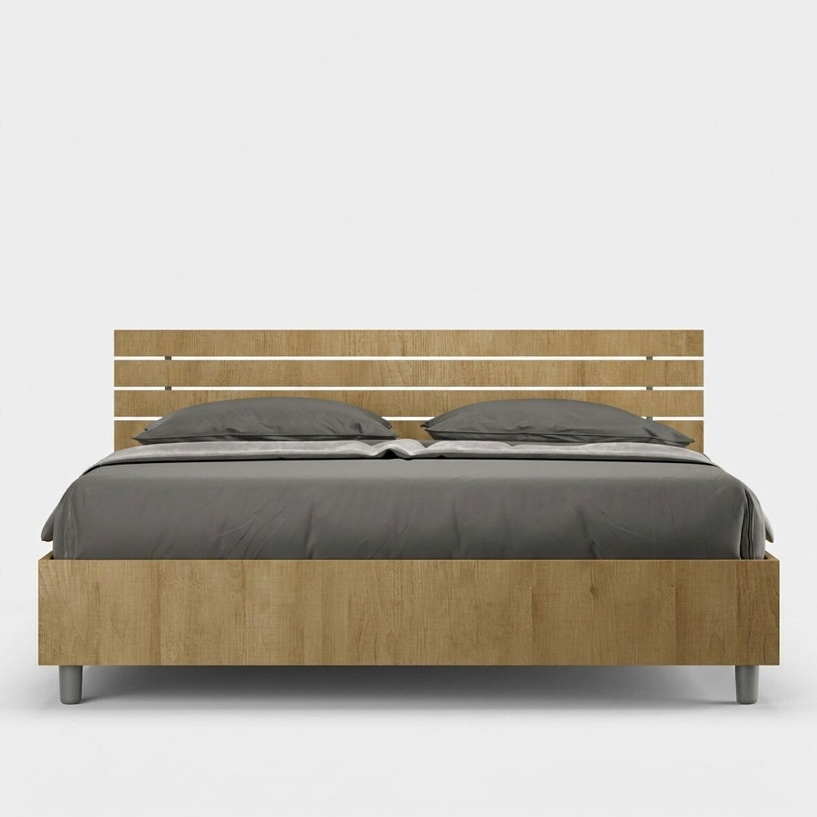 Cama con almacenaje 160x190 con cabecera inclinada de listones roble natural Ankel