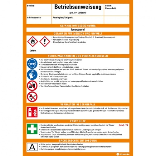 Betriebsanweisung Isopropanol, CLP/GHS, Kunststoff, 210x297mm, ASR A1.3, DIN EN ISO 7010