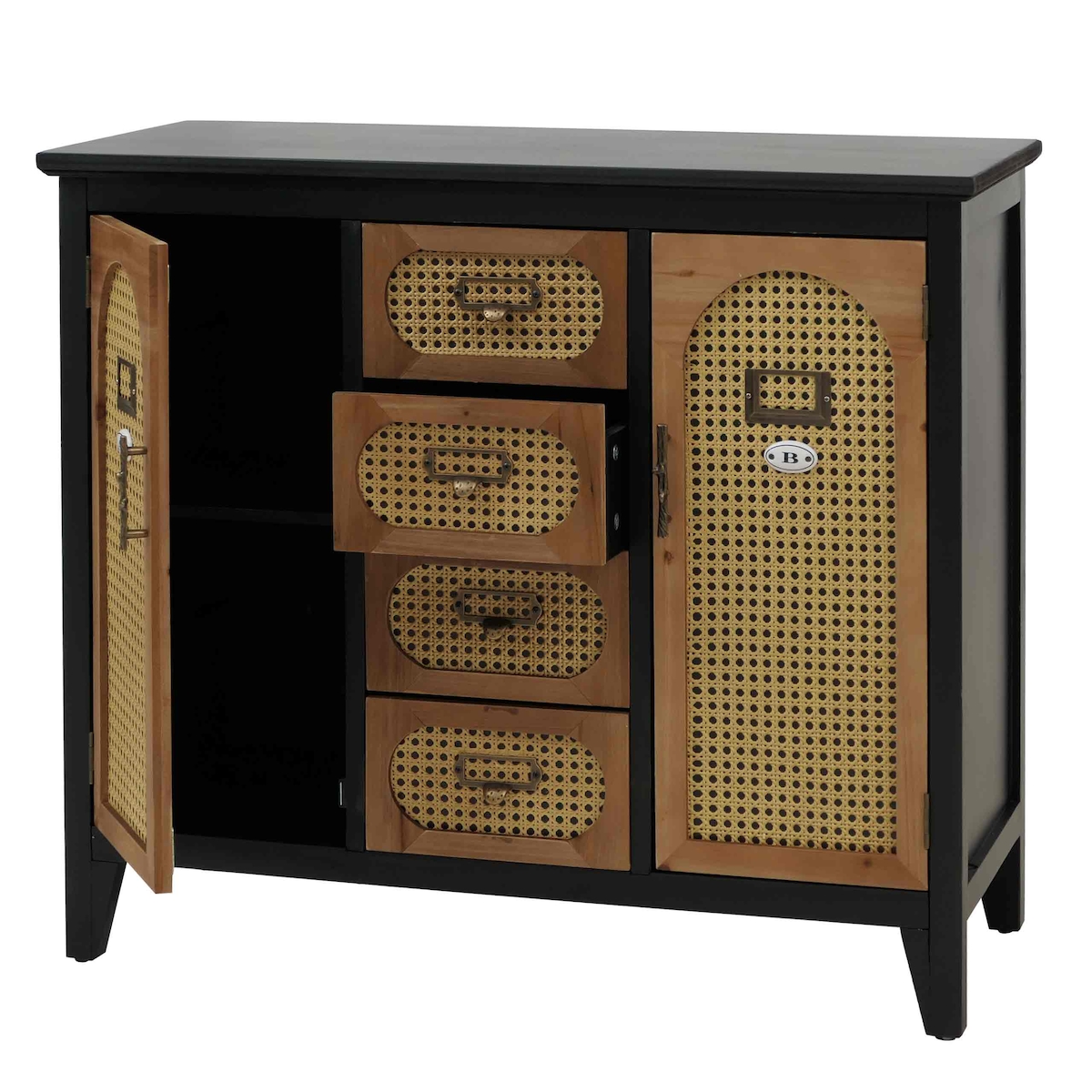 Mendler Apothekerkommode HWC-O63, Sideboard Schrank Staufächer Schubladen, Vintage Rattanoptik 80x91x40cm ~ Korpus schwarz