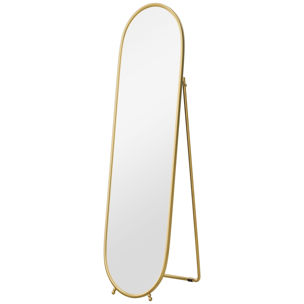 MODFU Standspiegel Ganzkörperspiegel Oval 40x160x4 cm Gold mit Ständer zum Anlehnen oder Freistehen, Metallrahmen, klares Spiegelglas mit