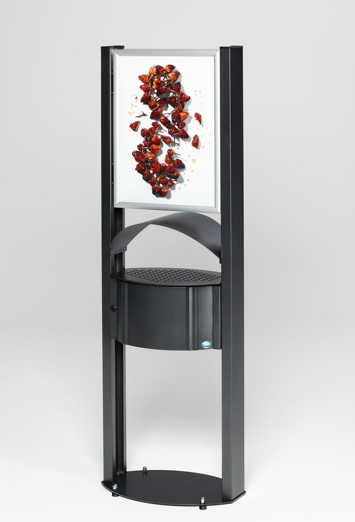 PROREGAL Robuster Standascher mit Schutzdach & Werbefläche | 15 Liter, HxBxT 180x58x35cm | Stahl | Antik-Silber | Ascher Aschenbecher