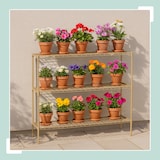 thumbnail of Relaxdays Blumenregal, HxBxT: 140 x 91 x 28 cm, 5 Ablagen, Stecksystem, Metall & Kunststoff, Gewächshaus Regal, braun