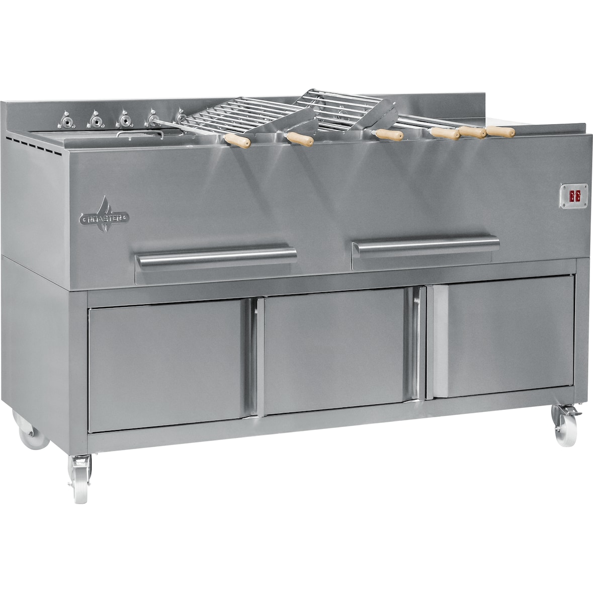Barbacoa portuguesa 2 parrillas de 30cm + 3 pinchos + cesta + 6 pinchos de carbón giratorios sobre soporte con ruedas 1600x610x970