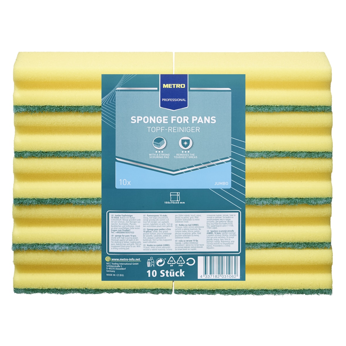 METRO Professional Topfreiniger mit Schwamm Jumbo, Griffleiste, gelb / grün, 10 Stück