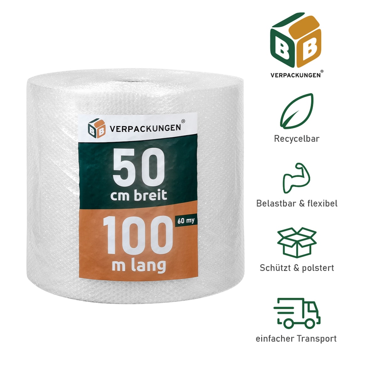 5 x Luftpolsterfolie (0,5 x 100 m) Knallfolie Noppenfolie Polsterfolie 2-lagig 60 my Umzug BB-Verpackungen