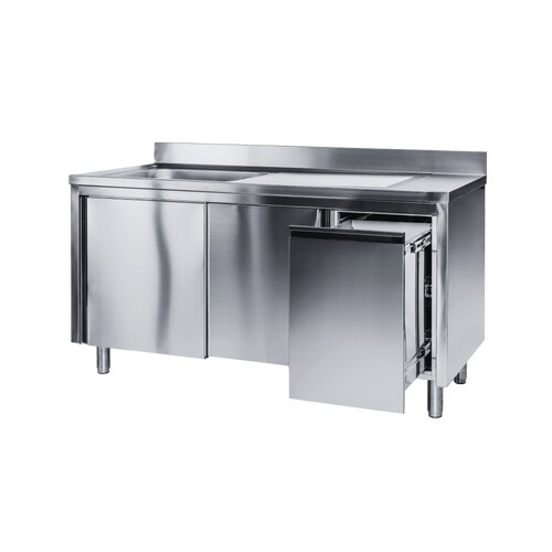 Edelstahl Spülschrank 1 Becken links, mit Aufkantung, Abfallbehälter rechts, Premium - alle Größen montiert: 150 x 60 cm / mit Aufkantung / fertig