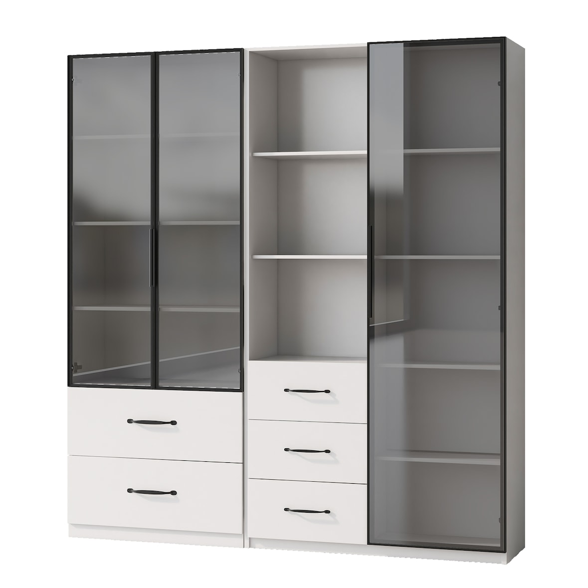 Merax LED Vitrinenschrank 140×40×160 cm, Glasvitrine & Bücherregal, Multifunktionsschrank mit Schubladen, staubdichte Vitrine mit Beleuchtung, weiß