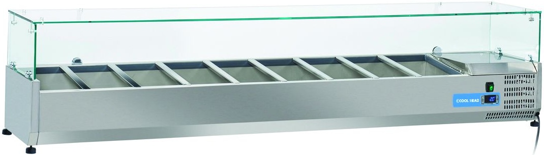 Edelstahl-Kühlvitrine für 9 GN1/3 Tabletts. Abmessungen 200x39.5x44h cm. Temperatur +2°C/+8°C. Kühlkopf VRX 20/38