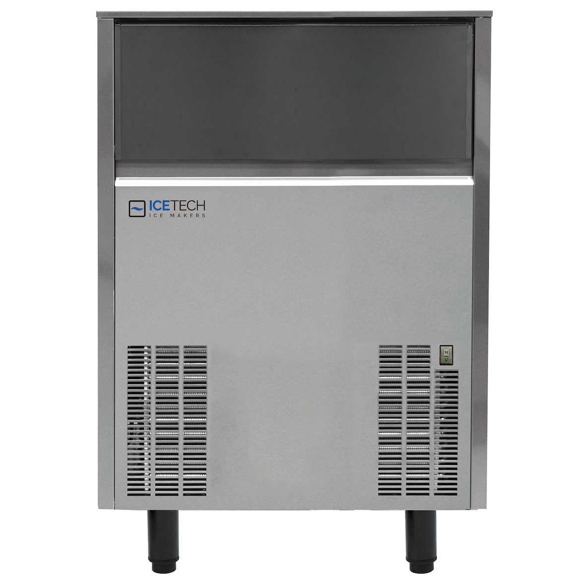 Produttore di ghiaccio 60 kg cubetto pieno medio da 22 gr. Deposito 30 kg. Carrozzeria inox. Condensazione aria o acqua. ICETECH SS60M