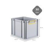 thumbnail of PROREGAL SuperSparSet 4x Eurobox NextGen Color mit Auflagedeckel & Verschlüsse, HxBxT 32x30x40cm, 30L, Grau, Griffe gelb zu, Eurobehälter, Box