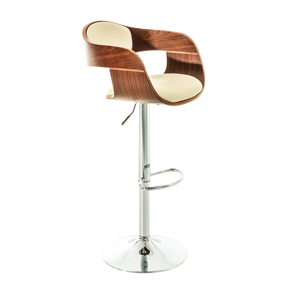 Décoshop26 - Moderne design barkruk met voetensteun crèmekleurige houten en synthetische zitting chromen poten 10_0000064