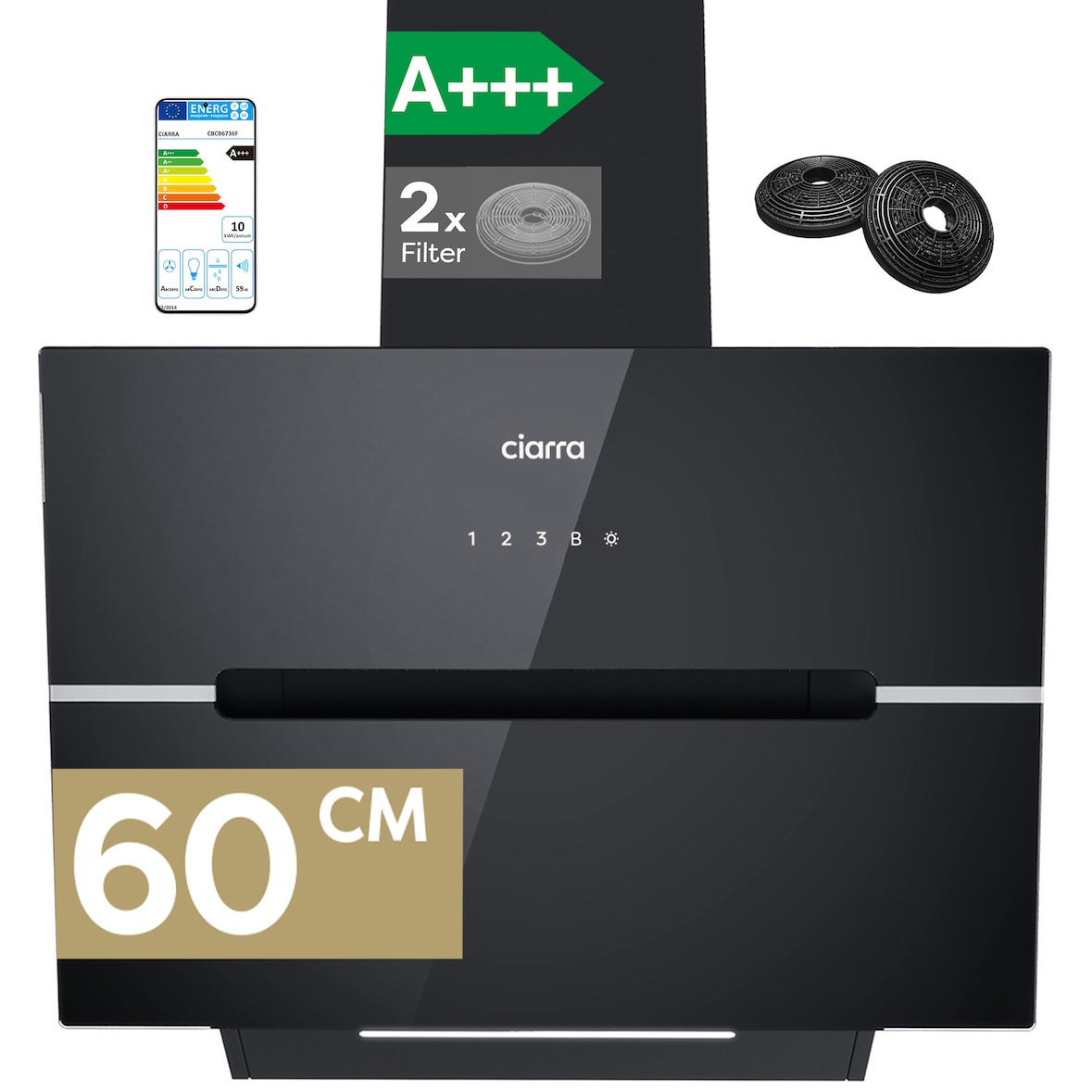 CIARRA Afzuigkap 60cm A+++ 650 m³/u WIFI + APP & Touch Control Booster recirculatie VM6736FB