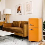 thumbnail of Zweitüriger 88x45x 42 cm Mini-Kühlschrank 60L Kühlfach 22L Gefrierfach E-Klasse leise freistehend LED-Beleuchtung Retro Gelb