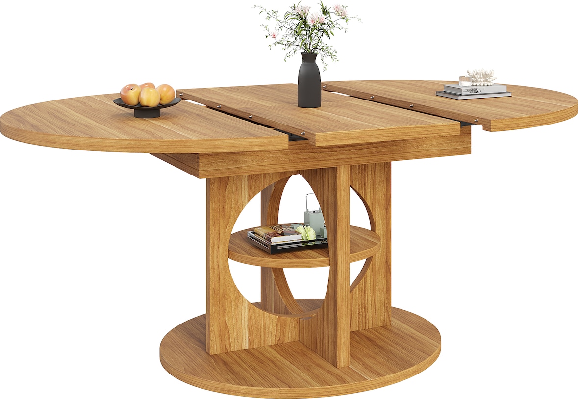 Merax Ausziehbarer Esstisch, runder Esstisch Holzoptik mit Stauraum, oval erweiterbar, 110-150x110x76 cm, Naturholzfarbe
