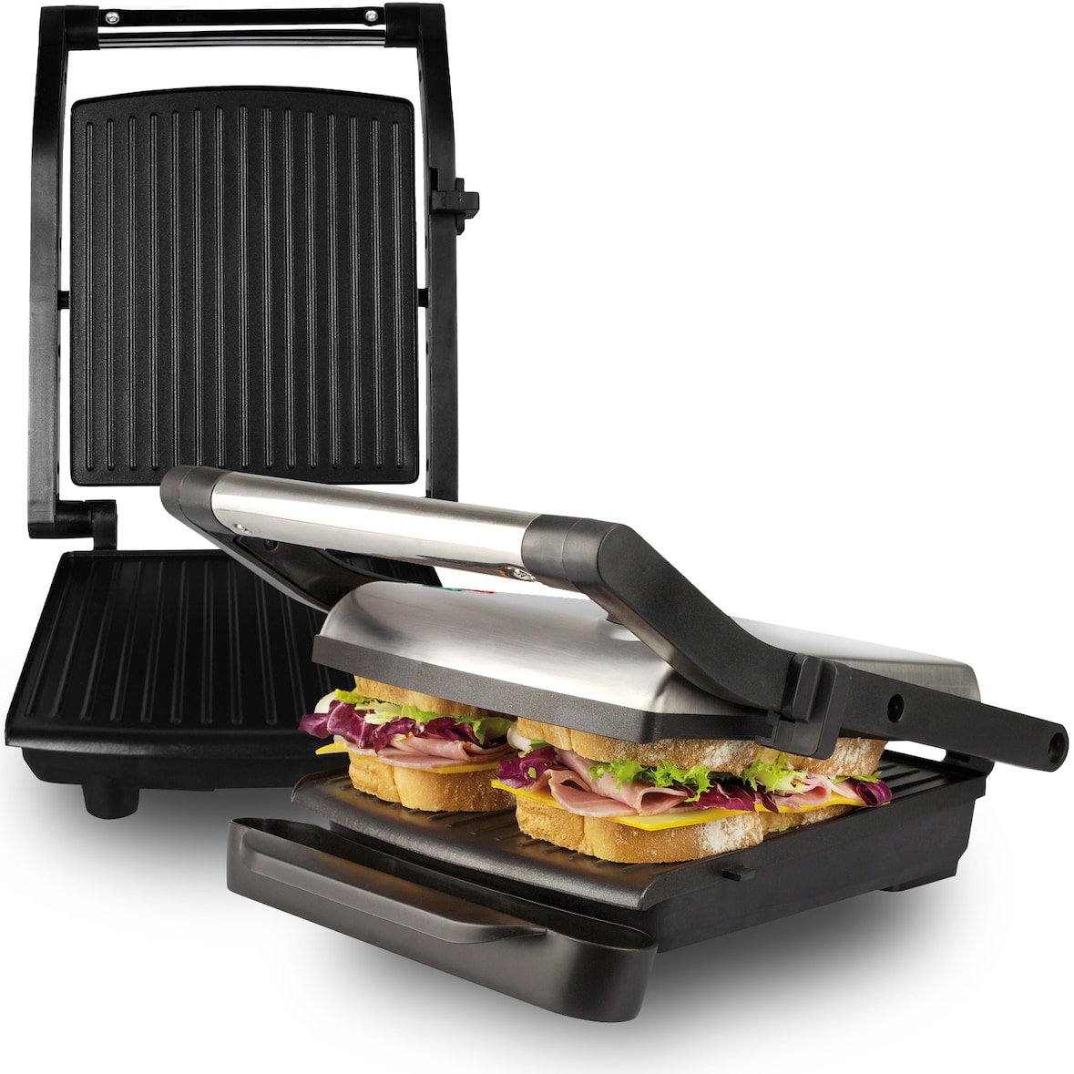 Magefesa EasyGrill - Placas de Cocinado, 1400W, Antiadherente Multicapa, Temperatura Ajustable, Bandeja Recoge Grasa, Grill Panini, Sandwich, Carne