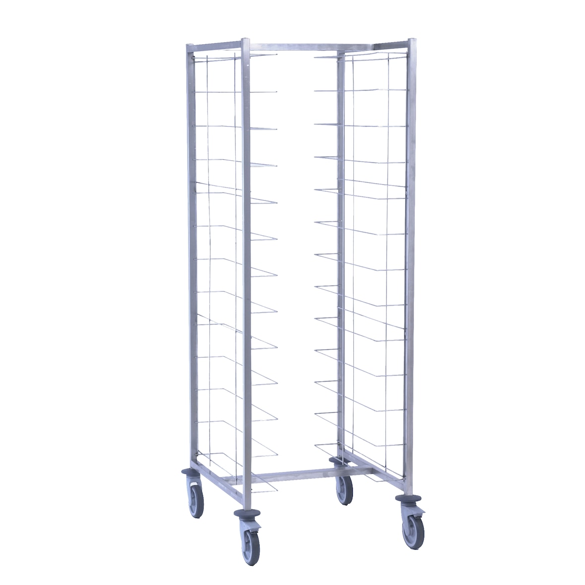 Tournus-dienbladenafruimwagen / cafetaria-afruimwagen met 12 inschuifposities (in de lengte geplaatst) voor dienbladen van 480 - 560 mm breed.