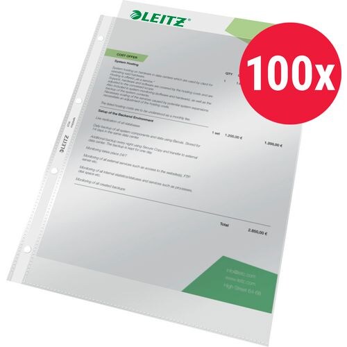 Leitz Premium Prospekthüllen  DIN A4 Glasklar Transparent 80 Mikron PVC (Polyvinylchlorid) Öffnung oben 4 Löcher 100 Stück