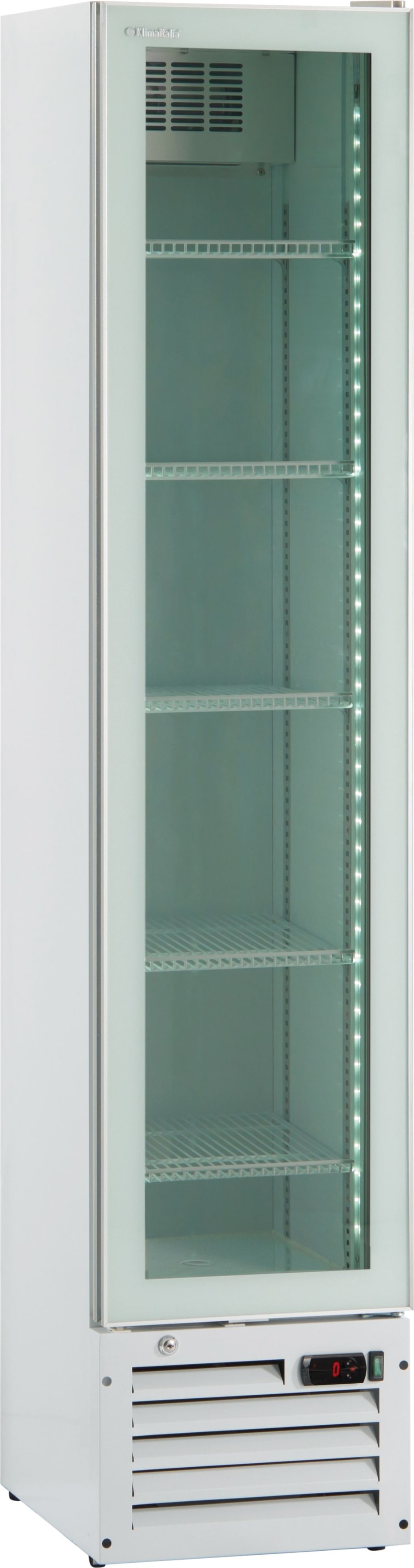 KLIMAITALIA Getränke-Kühlschrank mit Rührer. Infinity-Glastür und LED-Lichter. Elektronischer Temperaturregler. Temperatur 0°C/+10°C. THINCOOLERWHITE