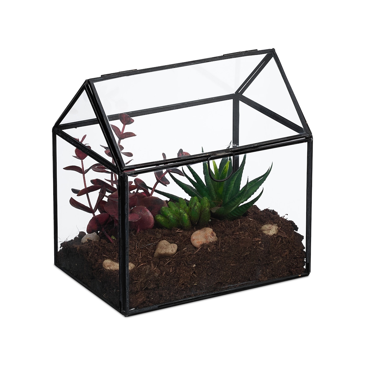 Relaxdays Pflanzenterrarium, Glas & Zinn, Deko Glashaus für Kakteen & Moos, Glaskasten für Fensterbank, schwarz