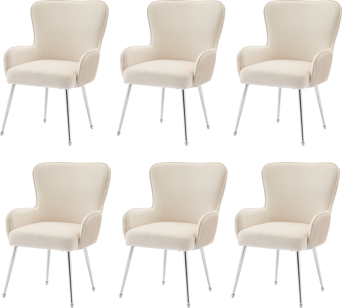 Esszimmerstuhl 6er Set Samt Beige 83x57x53 cm mit Armlehnen, Lendenstütze, verstellbaren Füßen und Metallbeinen, elegantes Faltendesign