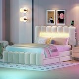 thumbnail of Merax 140 x 200 Polsterbett, Polsterbett mit 4 Schubladen, Polsterbet Bett mit LED-Lichtleiste mit USB und Stereoanlage, Beige