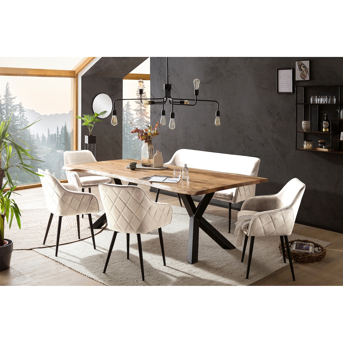 SalesFever 6-tlg. Akazie-Essgruppe 240x110 cm | Platte 35 mm Akazie | Metallgestelle | 4 Stühle & 1 Bank in Samt-Optik | natur – schwarz – creme