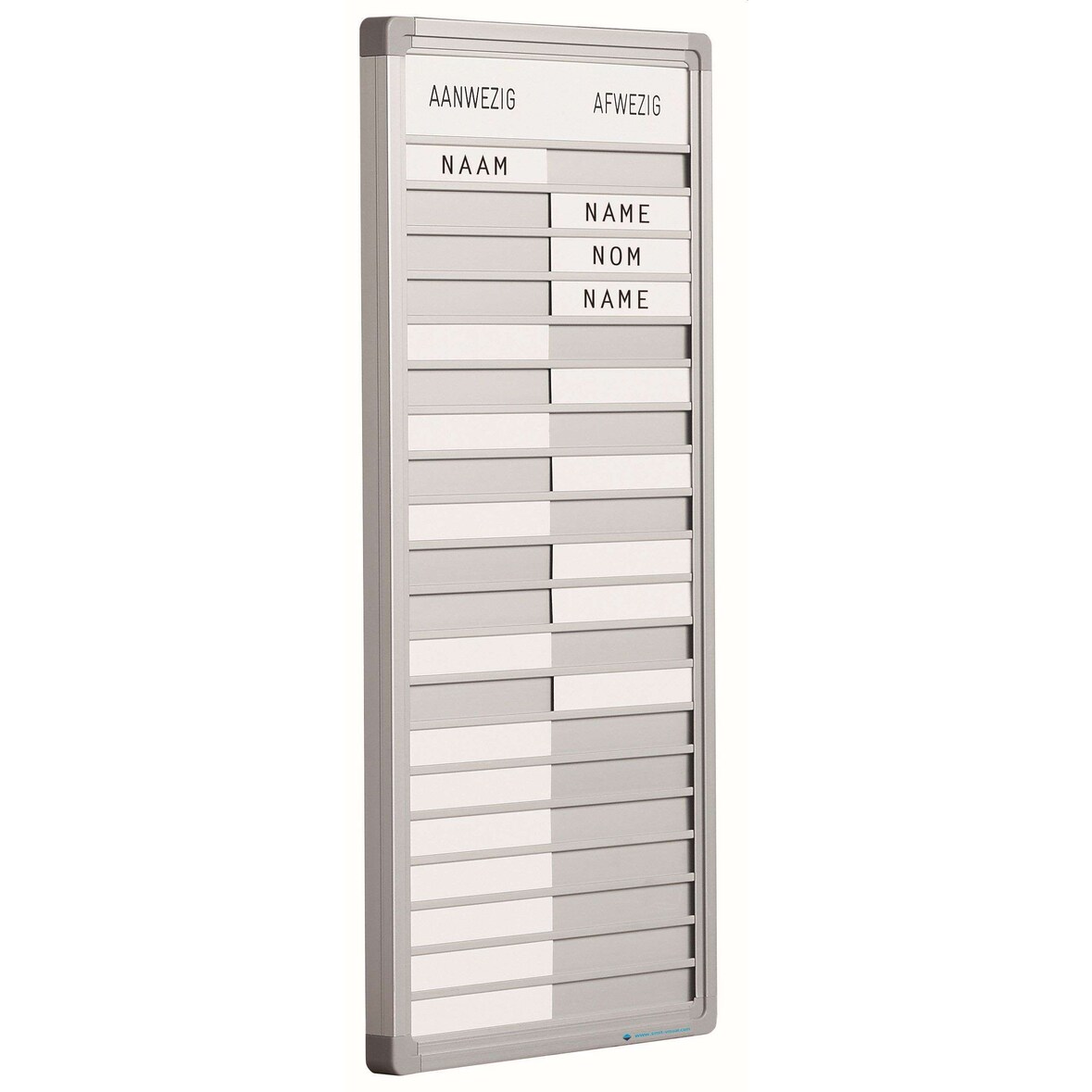 PROREGAL Anwesenheitstafel mit 20-Positionen | HxB 24x53cm | auf Deutsch | inkl. Befestigungsmaterial & blanko Namenschilder | Aluminium/Weiß