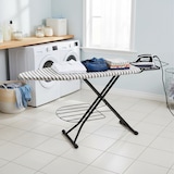 thumbnail of Relaxdays Bügelbrett für Dampfbügeleisen, 110x33 cm, höhenverstellbar, klappbar, Ablage, Bügeltisch gestreift, grau-weiß