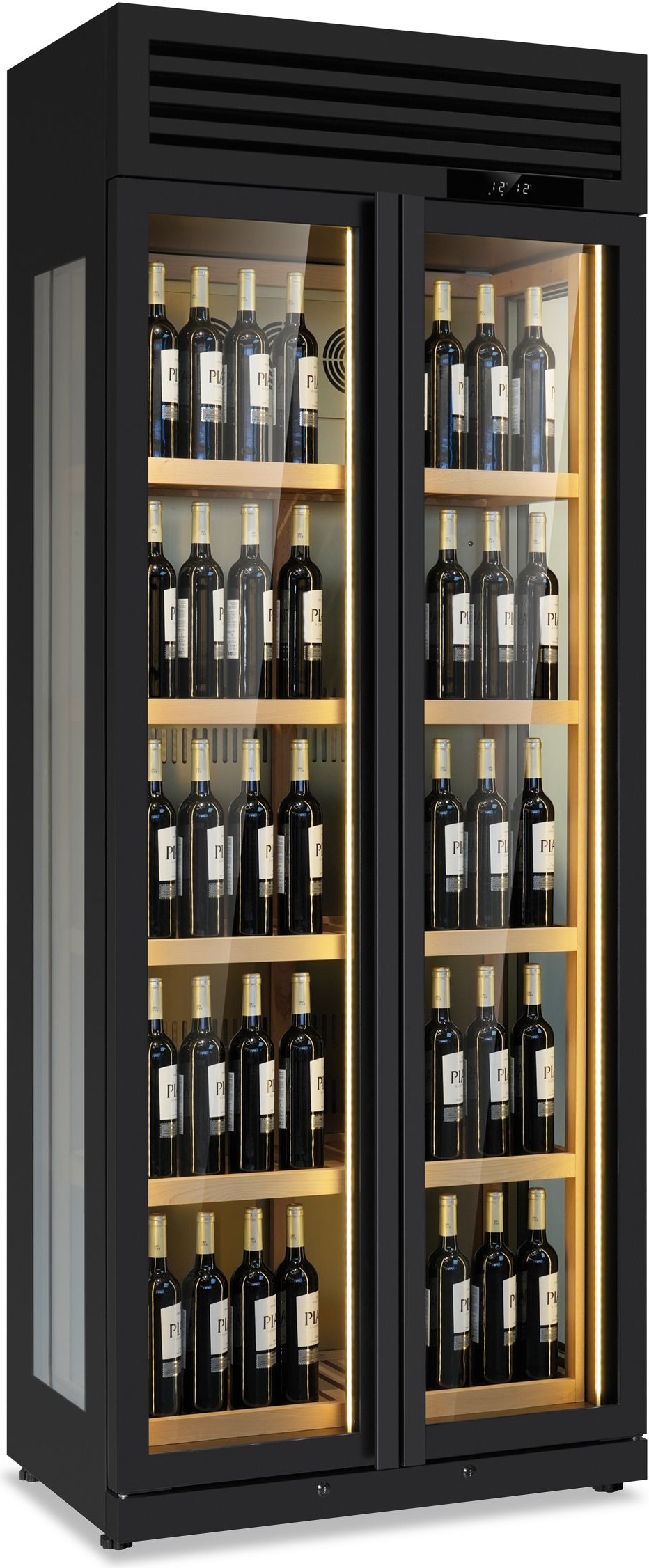KLIMAITALIA Weinkühlschrank, 3 Gläser Seiten. Kapazität: 175 Flaschen. Holzregale. LED. T° +3°C/+20°C. Dim. (LxWxH) 90x58,2x230,5 cm. WINELUX902BLK