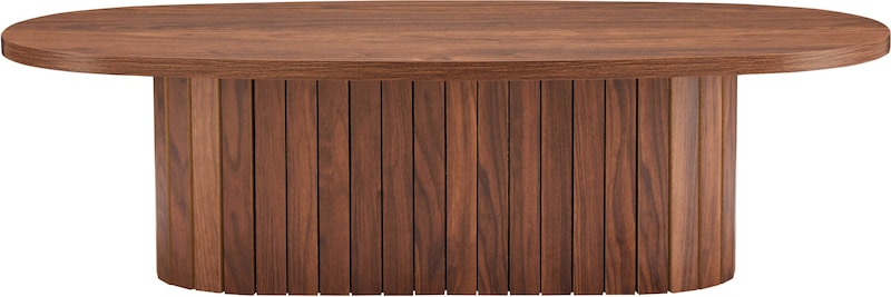 Une table ovale en bois avec des éléments verticaux en bois.