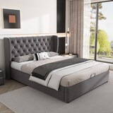thumbnail of Polsterbett 140x190 mit hydraulischem Bettkasten, Lattenrost und Nieten-Details – elegantes Design, hoher Komfort, zusätzlicher Stauraum, Grau