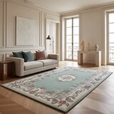thumbnail of Traditioneller Wollteppich `Beauly` mit Handgeschnitzten Details. Farbe: Grün-Beige, 75x150 cm | Kadima Design