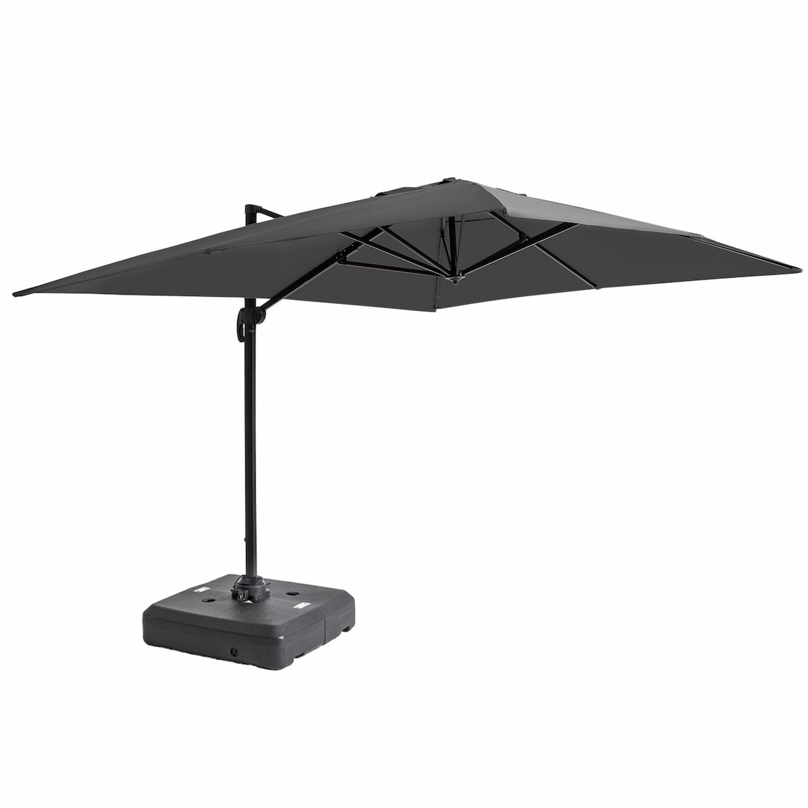Vrijhangende parasol 3×4 m kantelbaar, draaibaar en met verzwaringsplaat op wielen van grijs aluminium