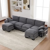 thumbnail of Merax 4-Sitzer-Sofa mit 2x Hocker, USB-C-Anschluss & Seitentaschen, Dicke Kissen, Corduroy, Dunkelgrau