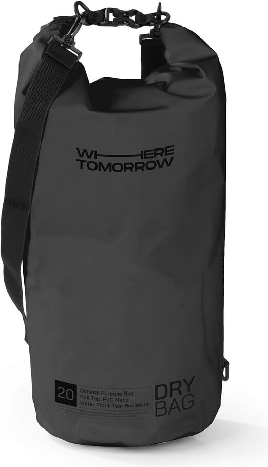 Ein schwarzer, wasserdichter Packsack mit Tragegurt.