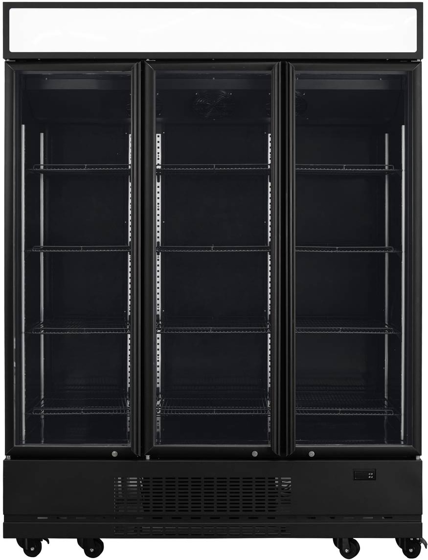 Frigorífico expositor para bebidas con panel iluminado, negro, 3 puertas de vidrio abatibles, 218 x 164 x 74 cm, con cerradura, 1360 L Vaiotec 11948