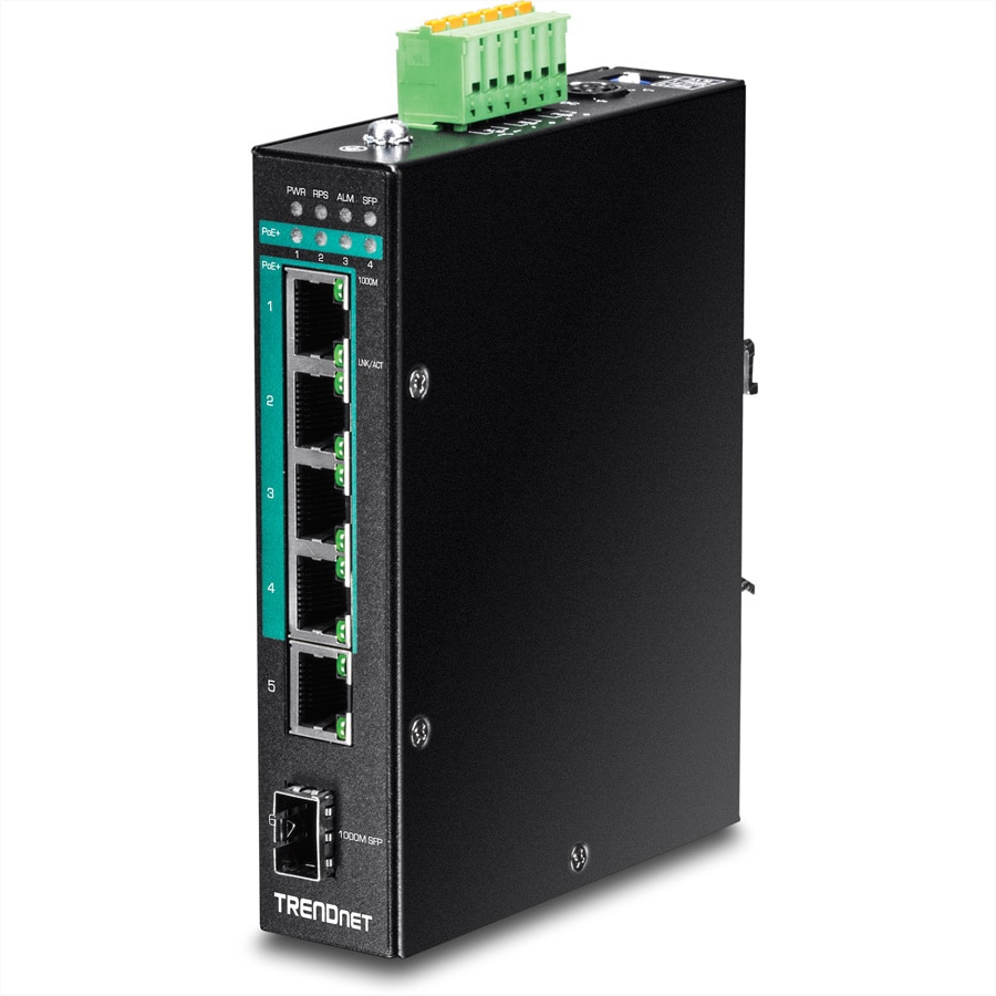 TRENDnet TI-PG541i 6-poorts Industriële Switch PoE+ Gigabit Layer 2 DIN-Rail