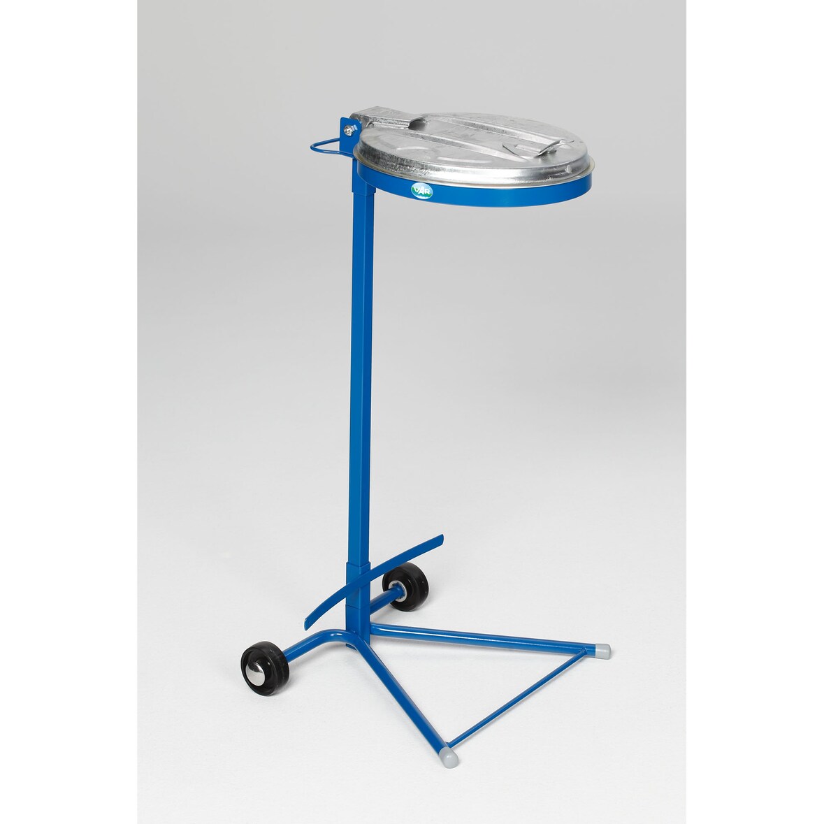 PROREGAL Robuster Abfallsammler mit Metall-Deckel | mit Standfuß + 2 Rollen | HxBxT 98x45x37,5cm | Stahl | Blau-Verzinkt | Mülleimer