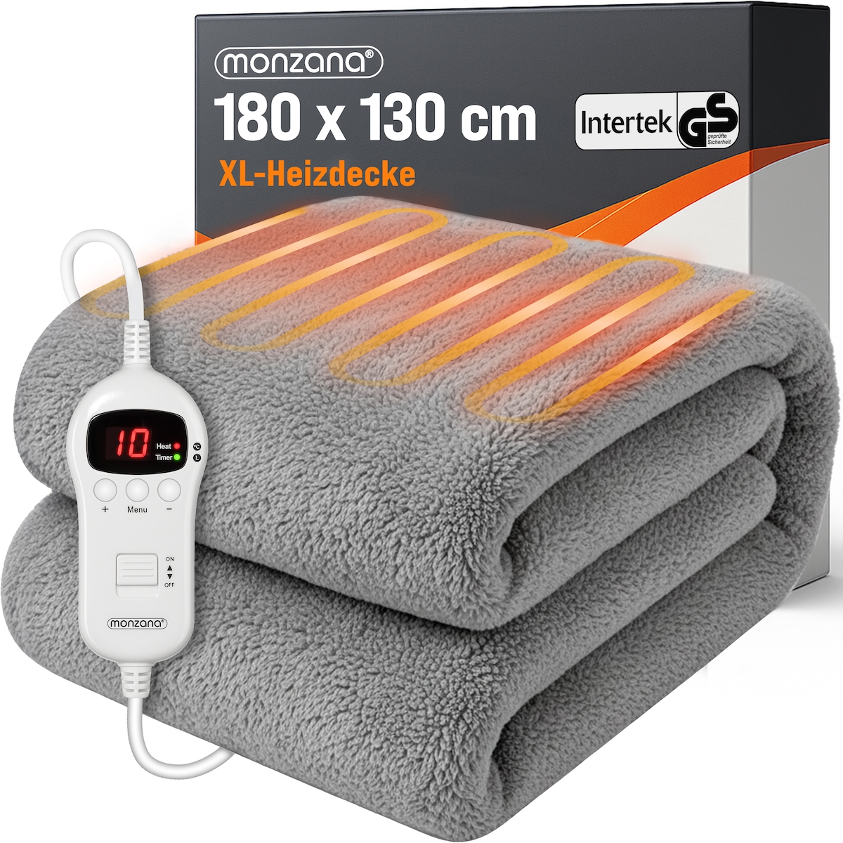 Monzana Heizdecke 180x130cm Teddy Fleece Grau 120W Timer Waschbar Überhitzungsschutz