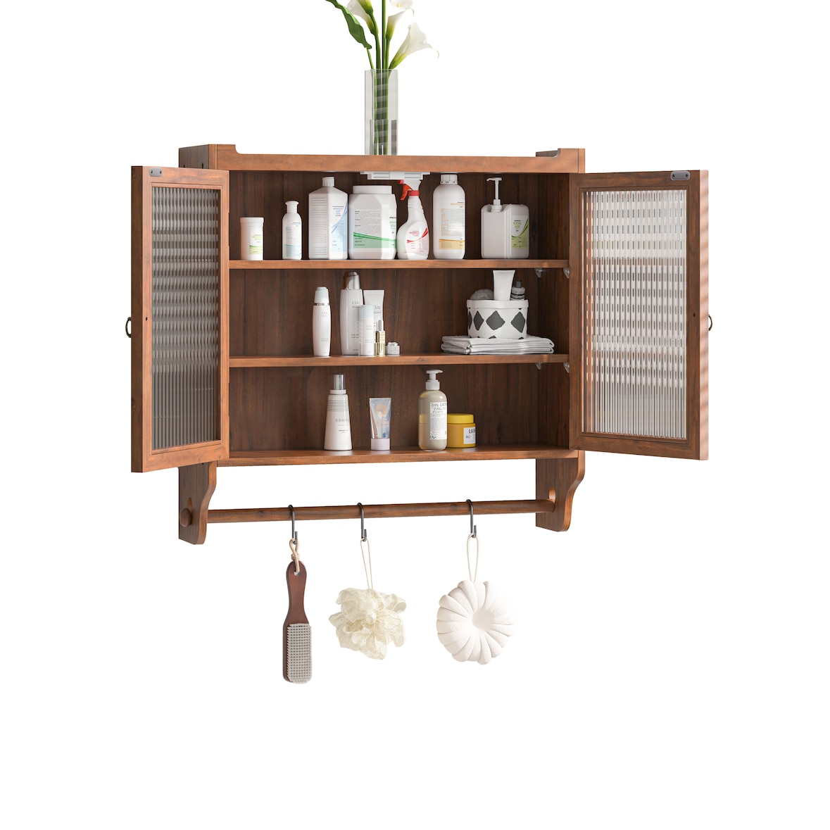 Hängeschrank mit Glastüren 63x60x18  Braun mit Fluted Glas und Handtuchhalter, 3 Ebenen, Vintage Design, Massivholz+MDF