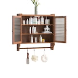thumbnail of Hängeschrank mit Glastüren 63x60x18  Braun mit Fluted Glas und Handtuchhalter, 3 Ebenen, Vintage Design, Massivholz+MDF